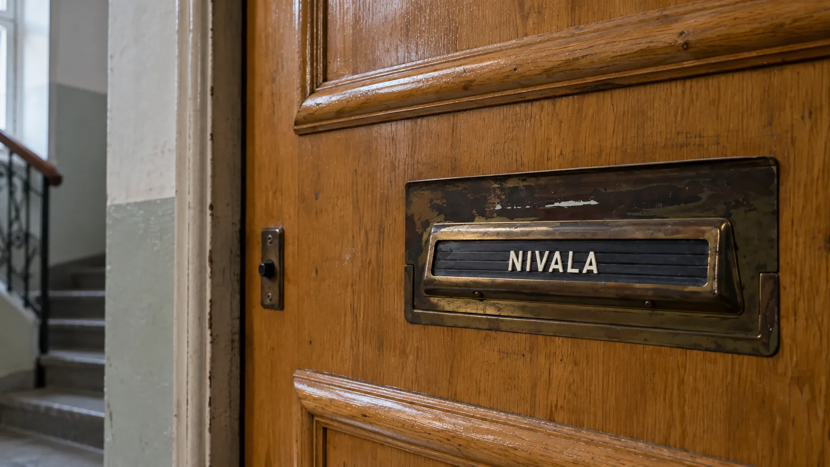 Vanhan tammioven messinkinen postiluukku, jossa nimikilpi Nivala, taustalla porraskäytävä.
